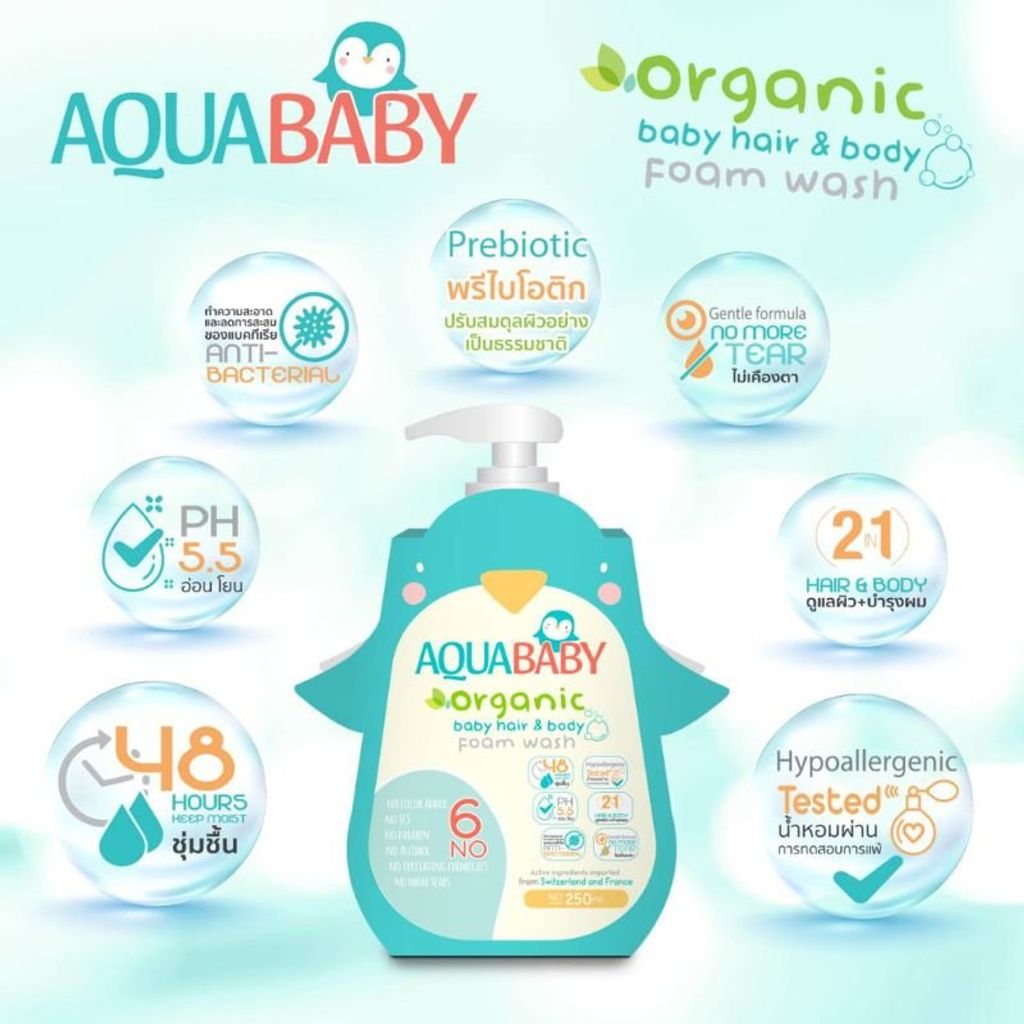 AQUABABY ผลิตภัณฑ์อาบน้ำ Organic Baby Hair & Body Foam Wash 250 มล.